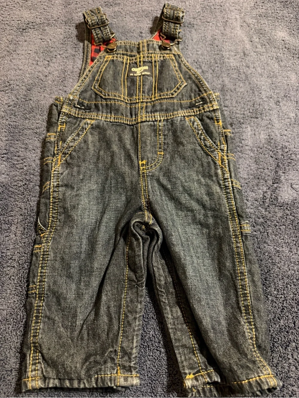 OshKosh B'gosh Dark Blue Denim Overalls with Yellow Stitching 9M